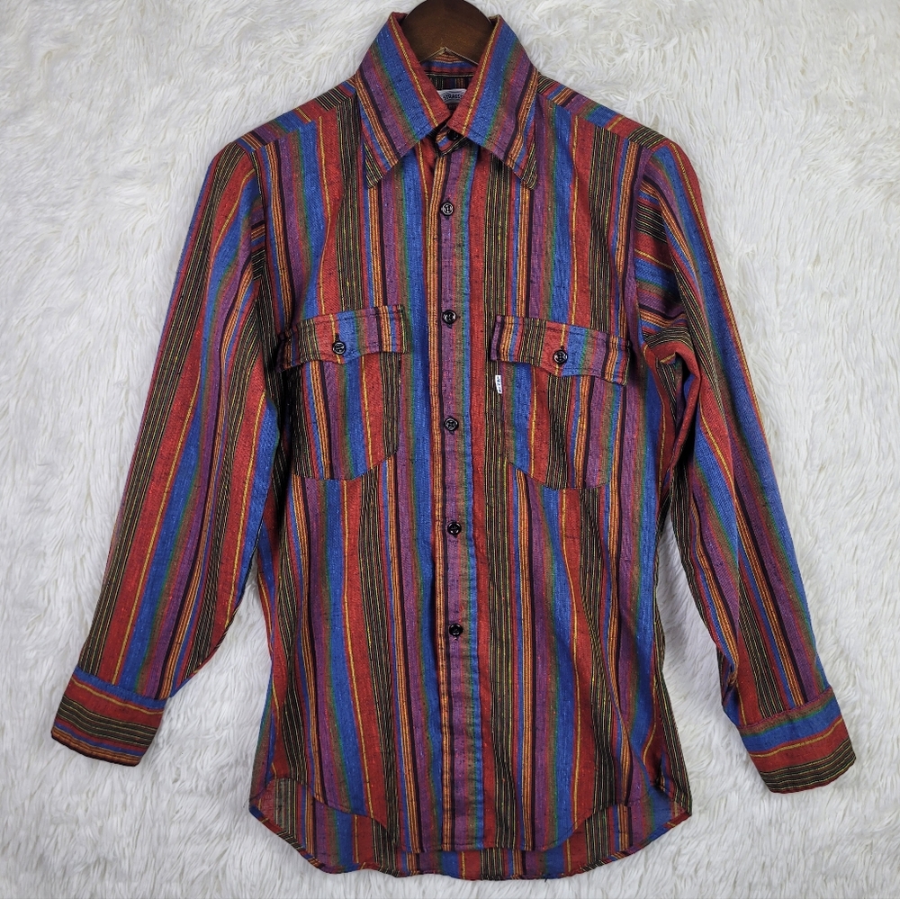 Vtg 80s Levis Mens S Striped Button Up Long Sleeve Shirt Western‎ Boho Eclectic